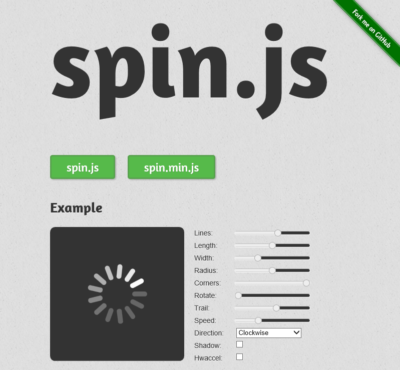 Screenshot of spin.js homepage with angled ribbon link